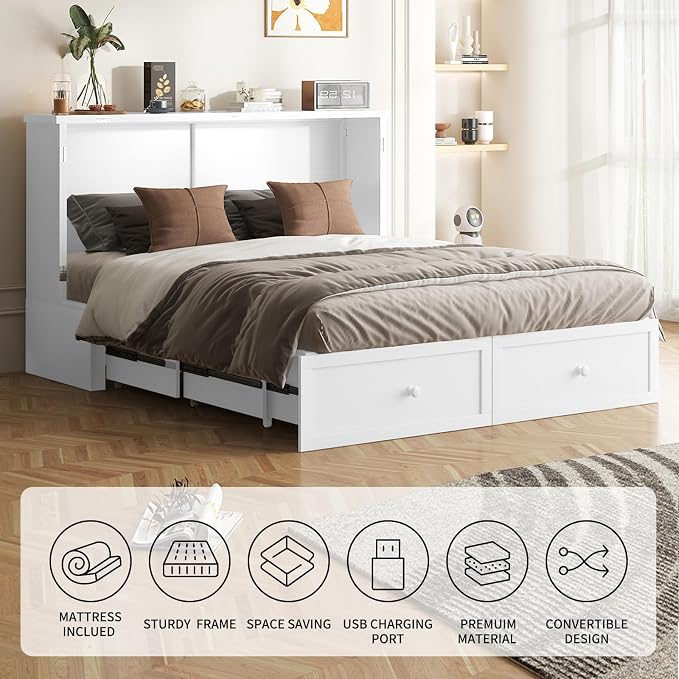 PUREMIND Queen Murphy Bed, Murphy Cabinet Bed with Storage Drawer, USB Charging Station and Bedside Panel, Space Saving Murphys Chest Beds Wallbed for Guest Room, No Mattress