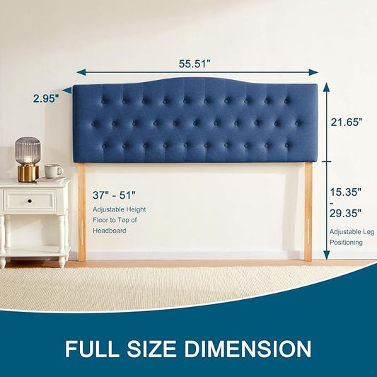 Tufted Headboard Full Size, Solid Wood Adjustable Height Head Board, Blue | Upholstered Full XL Headboard Only with Durable Solid Wood Legs, Adjustable Height 37-51 in, Fabric Button Diamond HeadBoards