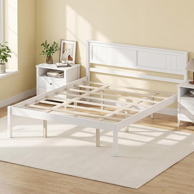Giantex Queen Wood Platform Bed Frame with Headboard, Mid Century Queen Bed Frame with Wood Slat Support, Solid Wood Foundation with 16" Under Bed Storage, No Box Spring Needed, Easy Assembly (White)