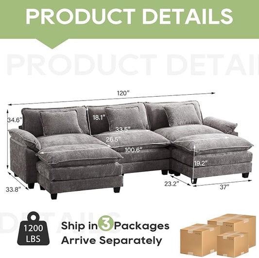 Oprisen 120" Modular Sectional Sofa, Comfy Cloud Couch Sectional Sofa with Ottoman, Chenille Sofa Sleeper Deep Seat Sofa with Throw Pillows for Living Room (Light Gray, 120"- U Shape)
