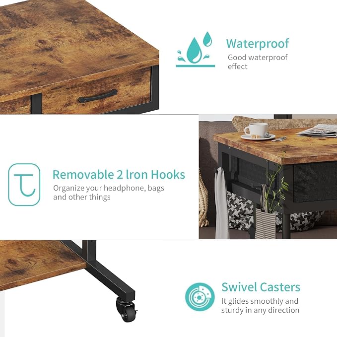 Small Portable Standing Rolling Desk - 32 Inch Adjustable Mobile Stand Up Teacher Desks with 2 Fabric Drawers on Wheels, Couch Sofa Side Laptop Table with Storage for Bedroom Home Office, Rustic Brown