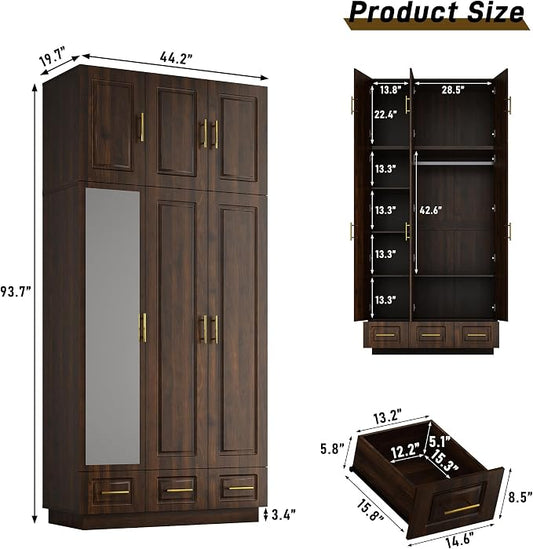Hlivelood Large Armoire Wardrobe Closet Cabinet with Drawers and LED Lights, Multi-Tier Shelves, Hanging Rod, Large Capacity Storage 3 Door Wardrobe Armoire with Top Cabinet for Bedroom, Brown