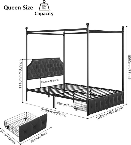 Keyluv Queen Upholstered Canopy Bed Frame with 2 Storage Drawers & Button Tufted Headboard, Metal Platform Bed with 4 Removable Posts, Two-Purpose Velvet Bed, Dark Grey/Curtain Not Included
