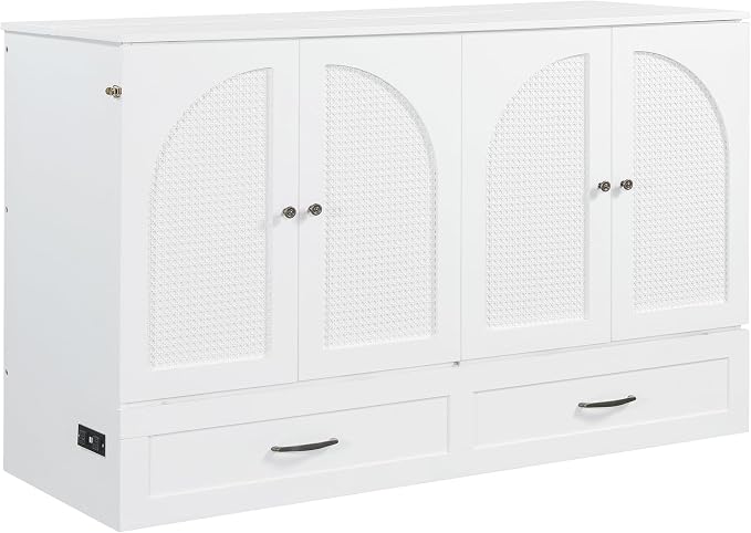 Ball & Cast Murphy Bed Queen Size Bedroom Folding Wall Cabinets Frame with Large Drawer and USB Ports,Hideaway Bed w/Tri-Fold Mattress Design,for Guest Room,Study,Office,White