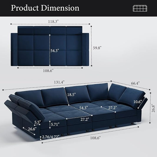 Vesgantti Sectional Sleeper Sofas with Storage, 118" Sofa Bed with 8 Seats Storage Chaises Removable Cover, Deep Seat Modular Couches Velvet Couch Set for Living Room, Apartment, Home Theater, Blue