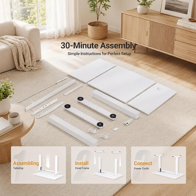 Claiks Electric Standing Desk, 48 x24 Inch Height Adjustable Sit Stand Desk for Home Office, Computer Desk with Memory Presets, Cable Management & Headphone Hooks, 156 lbs Capacity, White