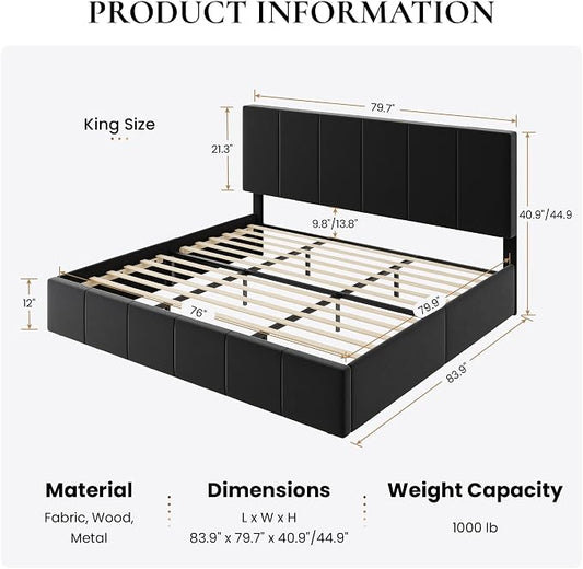 SHA CERLIN King Size Bed Frame, Velvet Upholstered Platform Bed, Vertical Channel Tufted Adjustable Headboard, Low Profile Bed Frame, No Box Spring Needed, Easy Assembly, Black