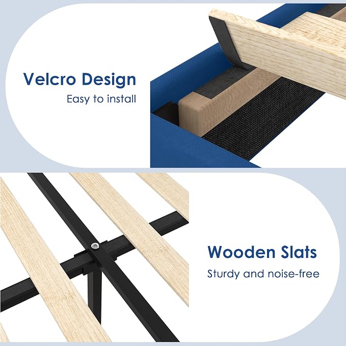 VECELO Queen Size Platform Bed Frame with Height Adjustable Upholstered Headboard, Modern Mattress Foundation,Strong Wood Slat Support, No Box Spring Needed, Easy Assembly,Dark Blue