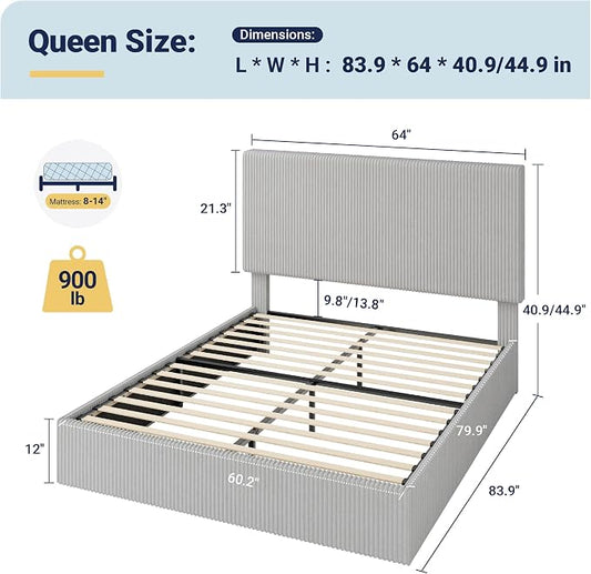 Allewie Queen Bed Frame, Upholstered Platform Bed, Adjustable Vertical Channel Tufted Headboard, Corduroy Fabric, Modern Low Profile, Wooden Slats, No Box Spring Needed, Easy Assembly, Light Grey