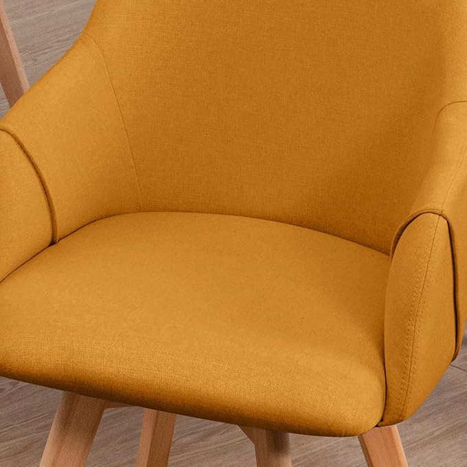 Swivel Dining Chairs Set of 6, Linen Fabric Upholstered Dining Chairs with Arms and Wood Legs, Mid Century Modern Kitchen Chairs for Dining Room Living Room, Comfortable Large Seat, Yellow