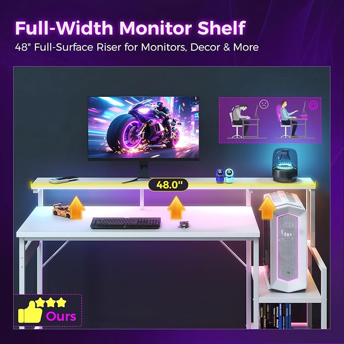AODK 48 Inch Gaming Desk with LED Lights, Computer Desk with Storage Shelves, Reversible Desk with Monitor Stand, White