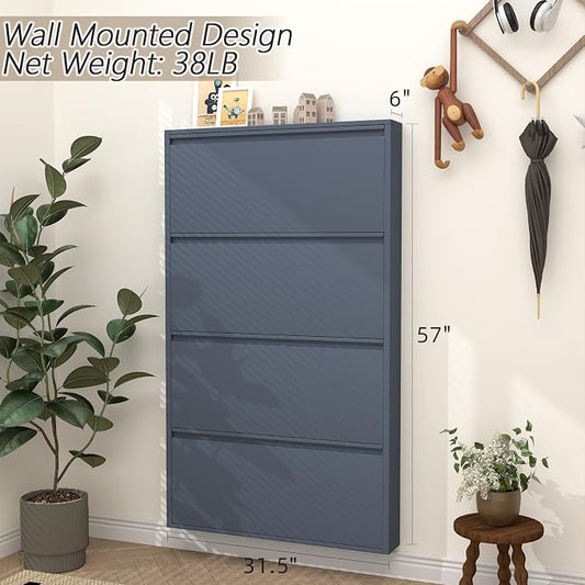 GREATMEET Shoe Cabinet with 4 Flip Drawers, Slim Metal Shoe Cabinet Storage for Entryway, Hidden Narrow Shoe Rack Organizer Cabinets Wall Mount for Living Room, Bedroom, Hallway, Blue