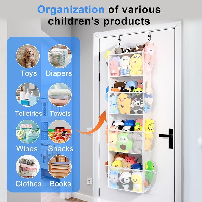 Toread Over the Door Stuffed Animal Storage, Holds Up To 75 lbs, Easy View Over The Door Storage, Versatile For Stuffed Animal, ideal for Storing Small To Medium Items On Any Door.(White)