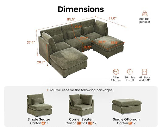 115" Oversized Chenille Couch Modular Sectional Sofa, Washable Cloud Couch Sectional with 2 Ottoman, 5 Seater Sectional Couches for Living Room, Fully Cover Removable, U Shaped, Chenille, Green