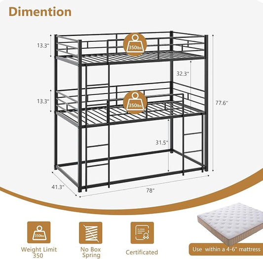 JOYMOR Triple Bunk Bed Twin Over Twin Over Twin, Metal 3 Bunk Bed for Kids, Teens and Adults, Heavy Duty Triple Bed Frame with Safety Guardrail, No Box Spring Needed