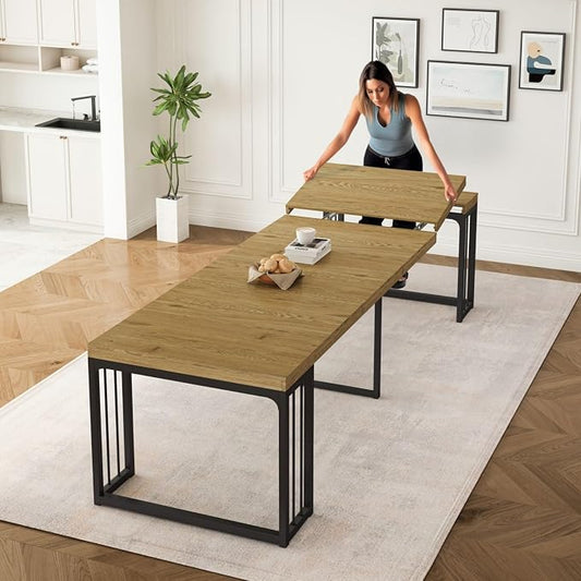KEIKI 23.62" - 118" L Extendable Foldable Dining Room Table for 2-10 People, Wood Modern Rustic Rectangle Expandable Kitchen Living Meeting Room Furniture, 5 Tabletop Length Options