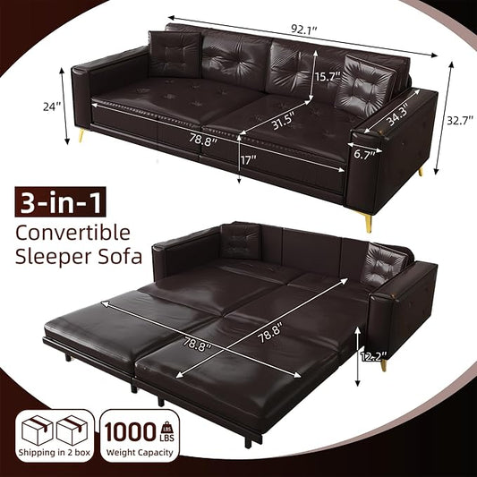 92.1'' King Pull Out Sofa Bed, Convertible Futon Couch, 3-in-1 Faux Leather Sleeper Sofa with Tufted Back, 2 Pillows, Gold Legs, Deep Folding Loveseat for Living Room, Apartment, Dark Brown