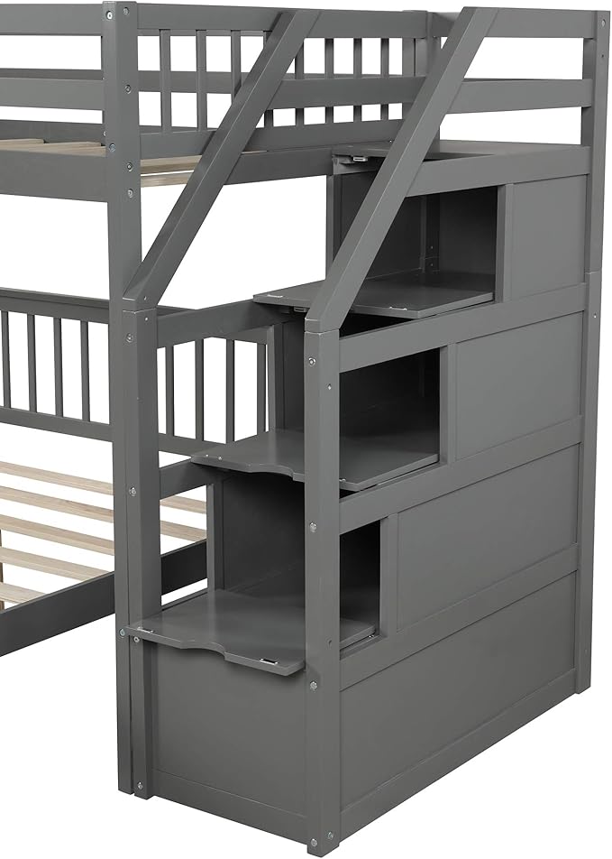MERITLINE Twin Over Full L Shaped Bunk Beds with Stairs and Storage, Solid Wood Convertible Bunk Loft Beds with Storage Staircase and Guardrail, No Box Spring Needed (Twin Over Full,Grey)