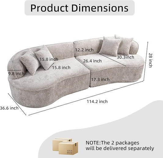 114" Curved Sectional Sofa Couch, Modern Comfy Chenille Memory Foam Sofa Deep Seat Couches, 4 Seater Oversized Boneless Cloud Couch with 3 Throw Pillows for Living Room (Camel, 114.2 Inch)