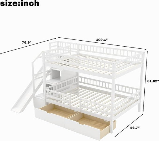 Full Over Full Bunk Bed with Slide and Staircase