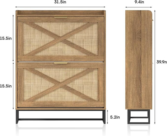 Maupvit Shoe Storage Cabinet with 2 Rattan Flip Drawers, Freestanding Organizer with Metal Legs for Entryway, Narrow Shoe Rack Cabinet, Hidden Golden Handles, Rustic Oak Rattan