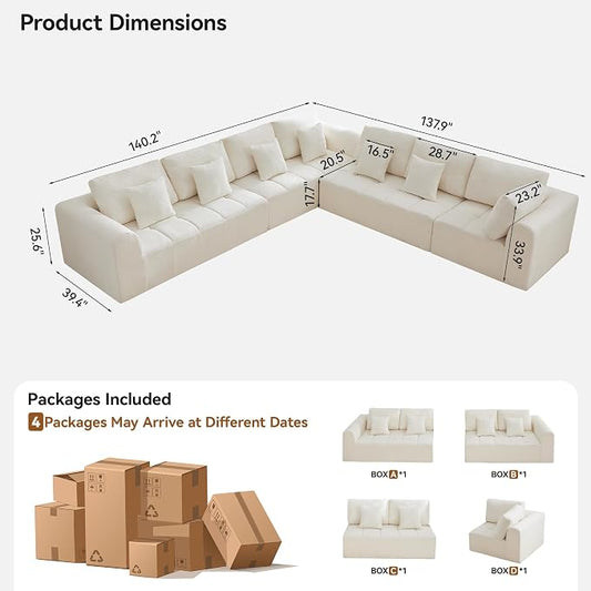 170'' Boneless Modular Couches for Living Room, Compressed Cloud Sectional Modern Sofa, L Shaped 7 Seater Upholstered Memory Foam Oversized Sofa, No Assembly, Chenille Beige