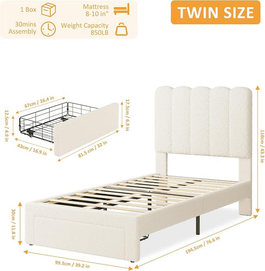 IDEALHOUSE Twin Bed Frame with Storage Drawer and Headboard, Boucle Upholstered Twin Platform Bed Frame for Girls, Strong Wooden Slats Support, Noise-Free, Easy Assembly (Boucle Beige)