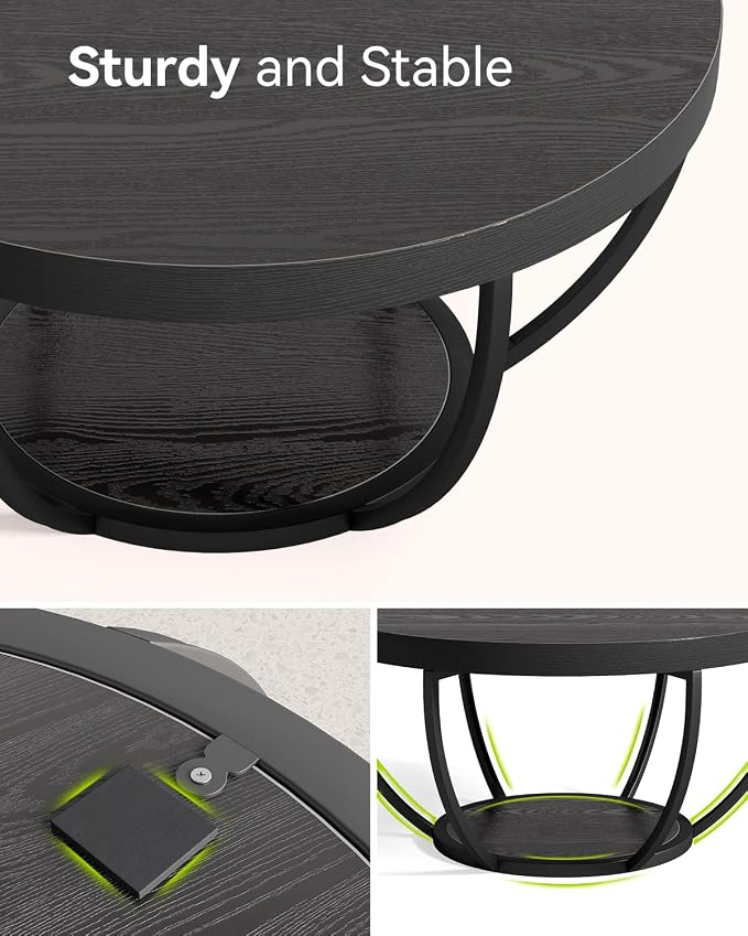 LITTLE TREE Round Coffee Table, 32" Circle Coffee Table for Living Room, 2-Tier Wood Accent Center Table with Open Storage Industrial Design Home Furniture (Black)