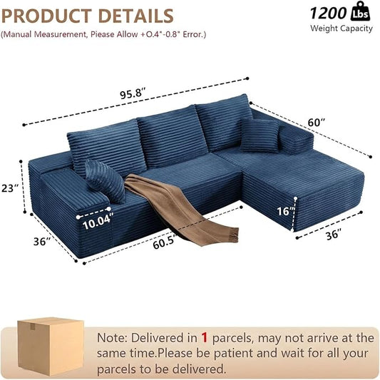 Sectional Couches for Living Room Cloud Couch Sofa with L-Shape Couch in a Box Upholstered Boneless Couchs Modern Modular Sectional Couch with Chaise (Blue,B-3 Seater-Right-Facing Chaise-96 inch)