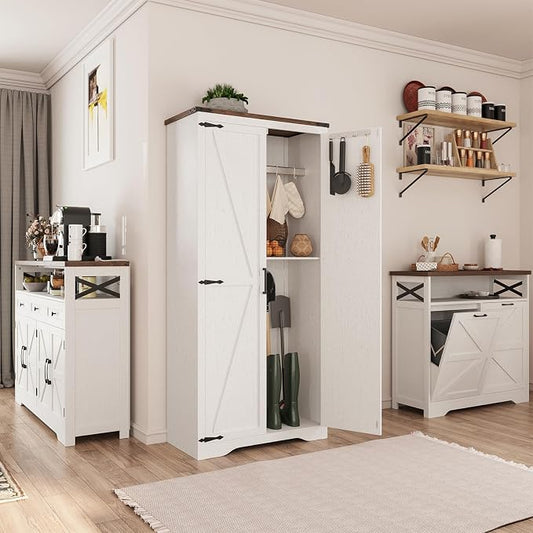 Befrases Set of 2 Farmhouse Storage Cabinet with Adjustable Shelves, Large Pantry Organize with 2 Barn Doors, Freestanding Cabinet for Kitchen, Garage, Basement, Living, Utility Room, Off-White