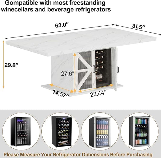 LVB Modern Dining Table for 4 to 6, White Rectangle Kitchen Table with Storage, Wooden Pedestal Dining Room Table with Fridge Space, Large Dinner Tables for Home,Living Room,White Faux Marble, 63 Inch