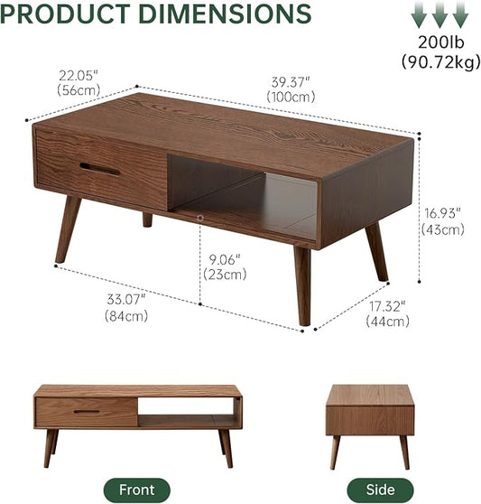 100% Solid Wood Coffee Table with Storage, Mid Century Modern Coffee Tables for Living Room, 39.37" W Coffee Table with 2 Drawers for Home (Oak Walnut Colour)
