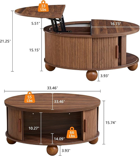 Round Lift Top Coffee Table with Hidden Storage, 33.5'' Mid-Century Modern Fluted Coffee Table with Sliding Tambour Door & Solid Wood Legs, Circle Center Table for Living Room, Small Space (Walnut)