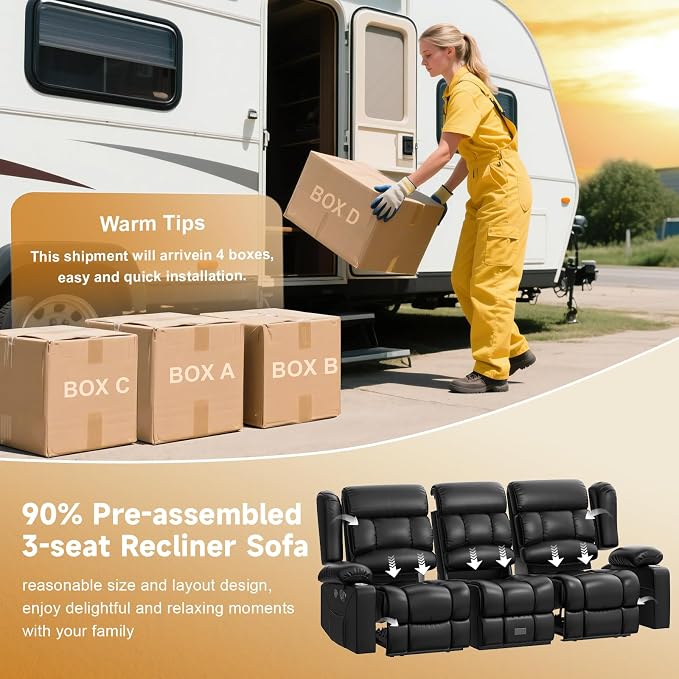 Loveseat Recliner Sofa with Flip Backrest Design, 3 Seat RV Recliner Sofa with USB Ports & Pockets, Wall Hugger Reclining Loveseat with Cup Holders & Drawer, RV Couch for Home Theater Seating
