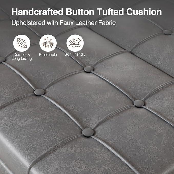 FiveWillowise Square Leather Ottoman with Storage, Faux Leather Coffee Table with Lift Top,Large Upholstered Footrest Stool Toy Box Storage Bench for Bedroom Living Room, Grey