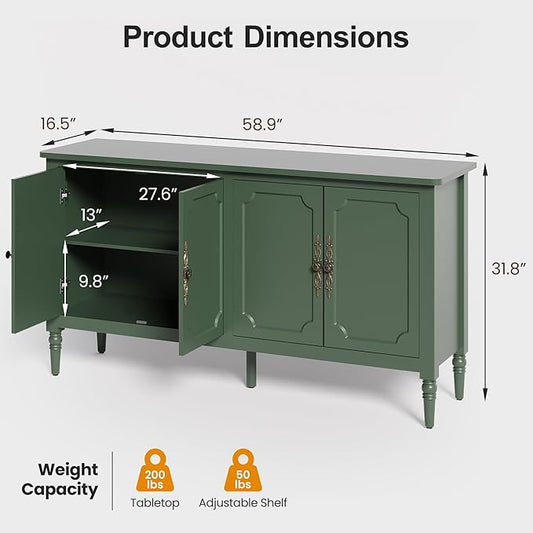 RoyalCraft Buffet Cabinet with Storage, 59" Vintage Sideboard with Adjustable Shelves, Mid Century Modern Painted Credenza Coffee Bar for Kitchen, Dining Room, Entryway, Living Room, Forest Green