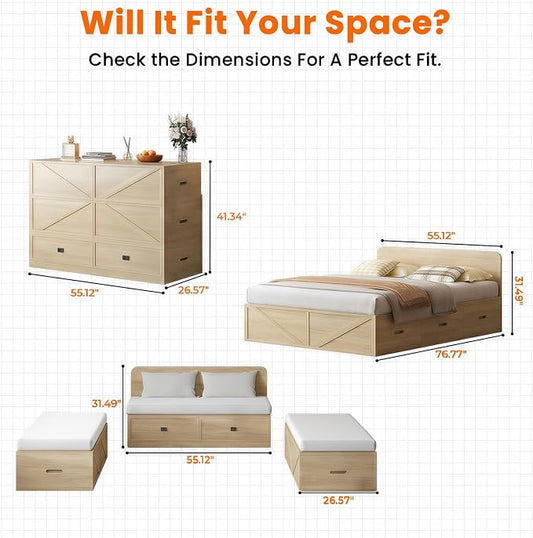 CECER 3-in-1 Full Murphy Bed with Mattress for Small Space -Natural Wood | Multi-Functional Desgin that Converts to Sofa Set,Bed and Cabinet,Easy Assemble & Conversion