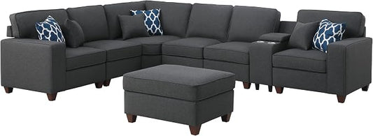 Ball & Cast 127" L-Shaped Sectional Couch with Movable Ottoman and 6 Throw Pillow,7 Seat Chenille Upholstered Sofa W/ 2 Cup Holders,USB Port and Hidden Storage Box,DIY Combination,for Living Room,Gray