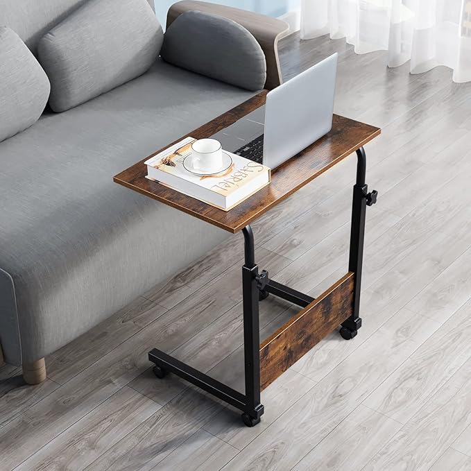 TV Tray Bed Side Table, Portable Rolling Desk Hospital Bed Laptop Table, Small Standing Desk with Wheels Adjustable Height for Sofa, Bedside, Tablet Use, Secure Non Tilt, 23.6" W, Brown