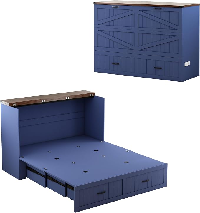 Queen Murphy Bed with Storage & Charging Station, Farmhouse Murphy Cabinet Bed with Large Drawer, Hideaway Foldable Platform Bed for for Guest Room, Bedroom, Home Office, Blue