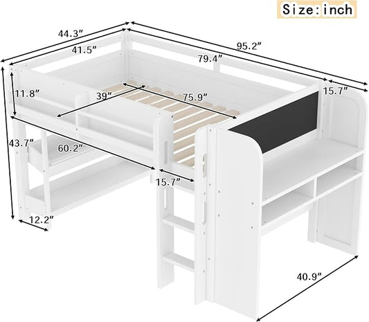 Bellemave Twin Size Low loft Bed with Desk and bookcases, Boxes and Drawers for Kids,Wood Modern Farmhouse Kids Loft Bed with Shelf, White