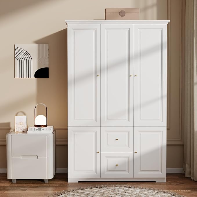 Armoire Wardrobe Closet with Drawers: 74" White Wardrobe Closet with 3 Doors, Tall Bedroom Armoires for Clothes, Wood Closets Cabinet for Hanging Clothes (47")