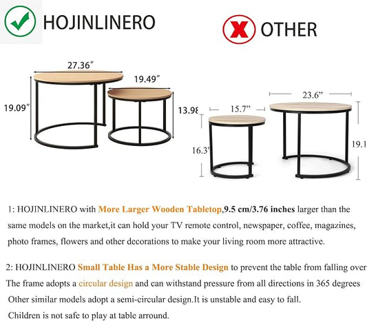 HOJINLINERO Round Coffee Table,Nesting Coffee Table Set of 2,Center Tables for Living Room,Office, Home Small Space,Stacking Side Tables,Sturdy and Easy Assembly,Wood Desktop,Black+Teak OAKDK,Large
