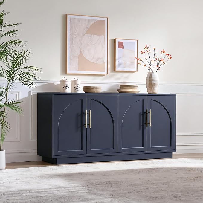 Fatmok 59" Sideboard Buffet Cabinet & TV Stand Set of 2, Modern Arched Credenza with Adjustable Shelves and Long Metal Handles, Wood Console Coffee Bar Storage for Living Room, Blue