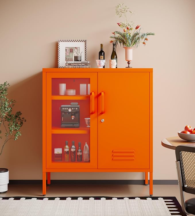 Storage Cabinet with Adjustable Shelves for Bathroom Living Room Foyer Kitchen Left Glass Door and Right Iron Door Orange Size:33" H x 29.5" W x 13.8" D