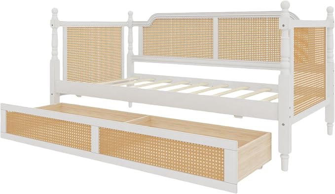 Merax Twin Size Rattan Bed Frame with 2 Storage Drawers, Wood Bedframe Daybed for Bedroom, Guest Room, Limited Spac, No Box Spring Needed, Antique White
