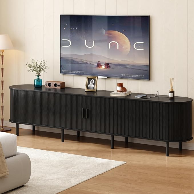 ONBRILL 94.5" TV Stand with Power Outlet for TVs up to 102 Inch, Entertainment Center with Storage and Adjustable Shelves, Modern Media Console with Sliding Doors for Living Room, Black