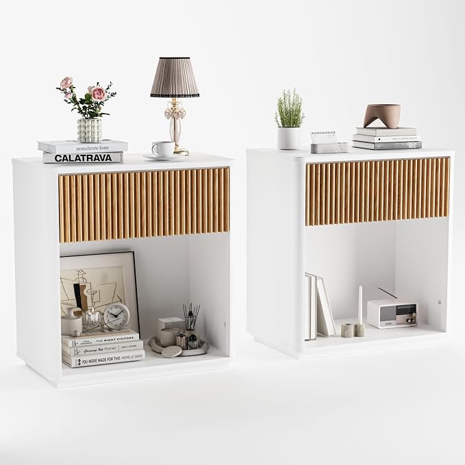 Modern Fluted Nightstand Set of 2 for Bedroom, Mid Century Bedside Table with Drawer & Open Shelf, Wood End Table, Farmhouse Night Stand for Home, Hallway, Office, White