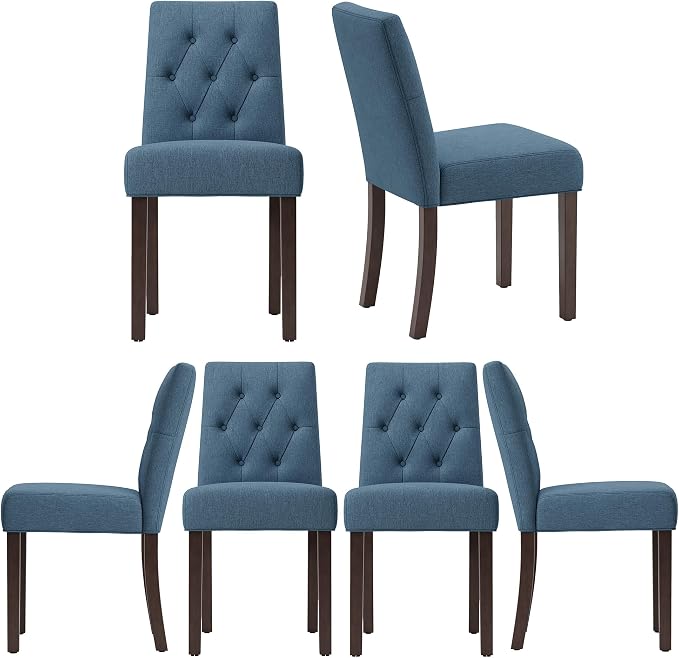 Upholstered Dining Chairs Set of 6 - Modern Parsons Kitchen & Dining Room Chair with Diamond Tufted Back, Solid Wooden Legs for Apartment, Café, Vanity