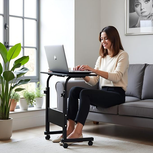 TV Tray Bed Side Table, Portable Rolling Desk Hospital Bed Laptop Table, Small Standing Desk with Wheels Adjustable Height for Sofa, Bedside, Tablet Use, Secure Non Tilt, 23.6" W, Black